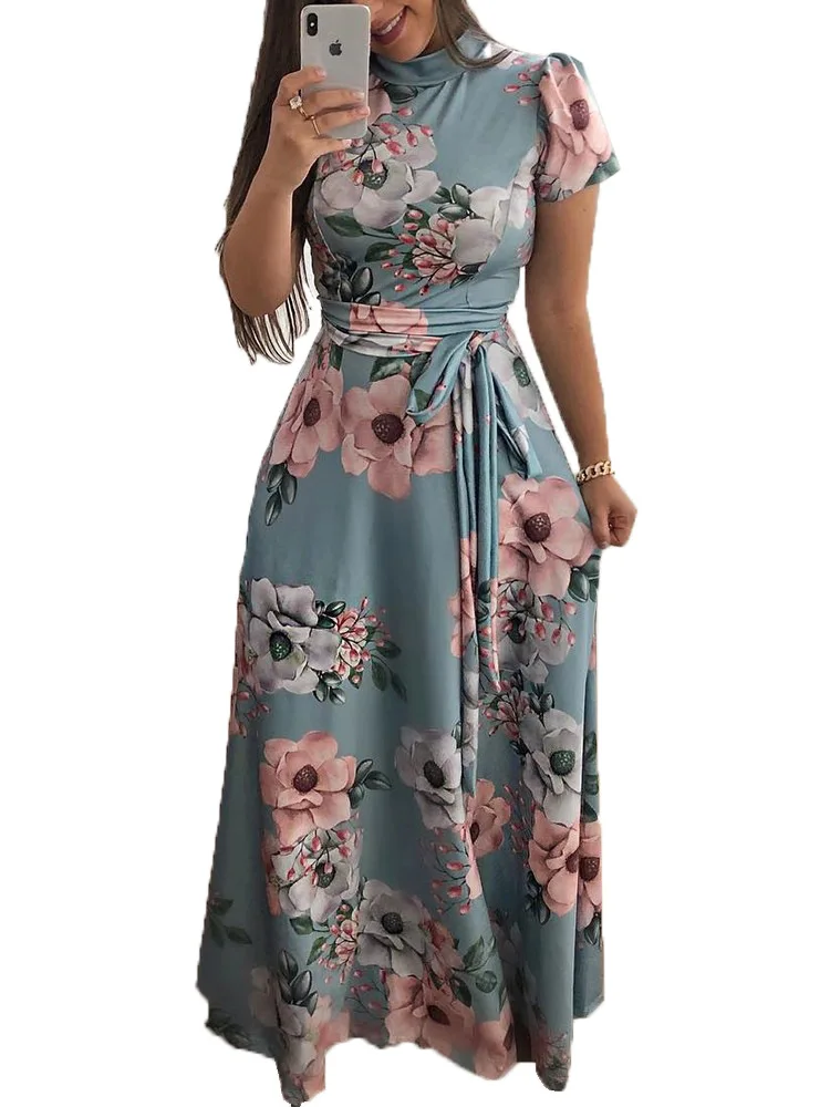 Women Summer Dress 2020 Casual Short Sleeve Long Dress Boho Floral Print Maxi Dress Turtleneck Bandage Elegant Dresses Vestido