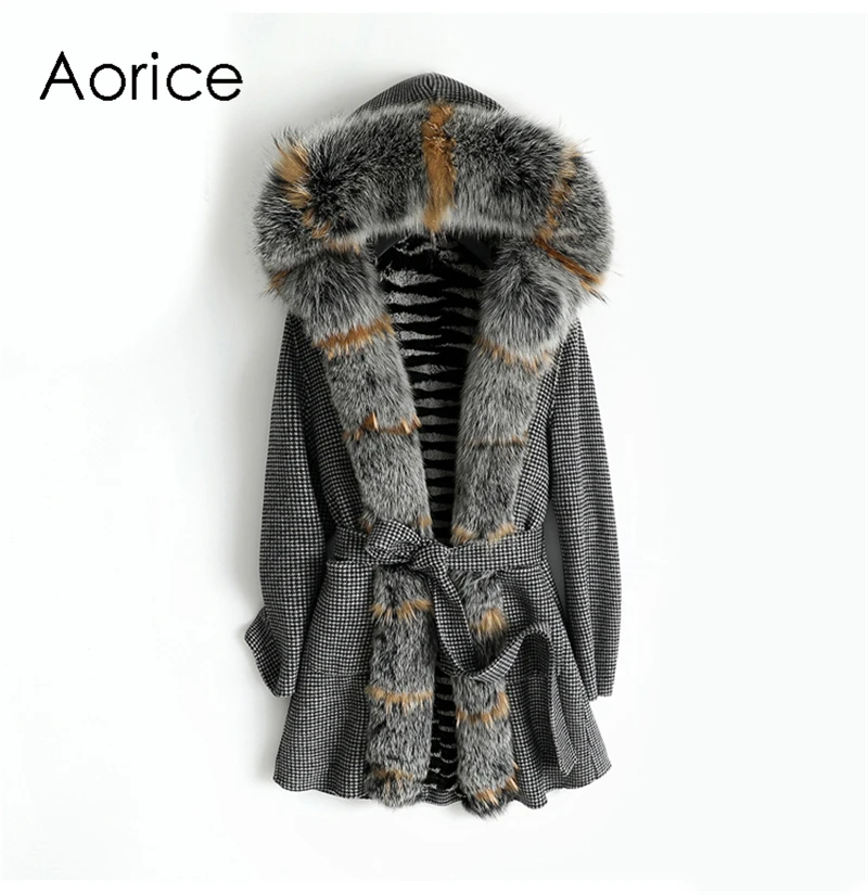 

Aorice ZY18518 Women real wool lattice fabric coat lady Rex rabbit fur lining fox fur collar leisure Fall/Winter wool long outw