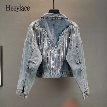 

Women's Denim Jacket Coat 2020 New Female Black Denim Jacket Women Jean Jackets Outerwear Hot Fringed Rivet Denim Jacket Girl