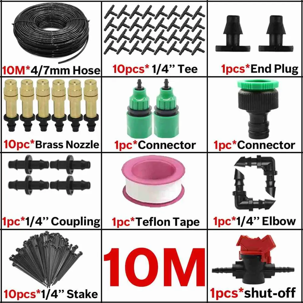KSL01-KIT062-10M 30M Automatic Garden Watering Atomize Spray Misting System Watering Kit Micro Drip Irrigation Adjustable Brass Nozzle Greenhouse - Цвет: KSL01-KIT062-10M