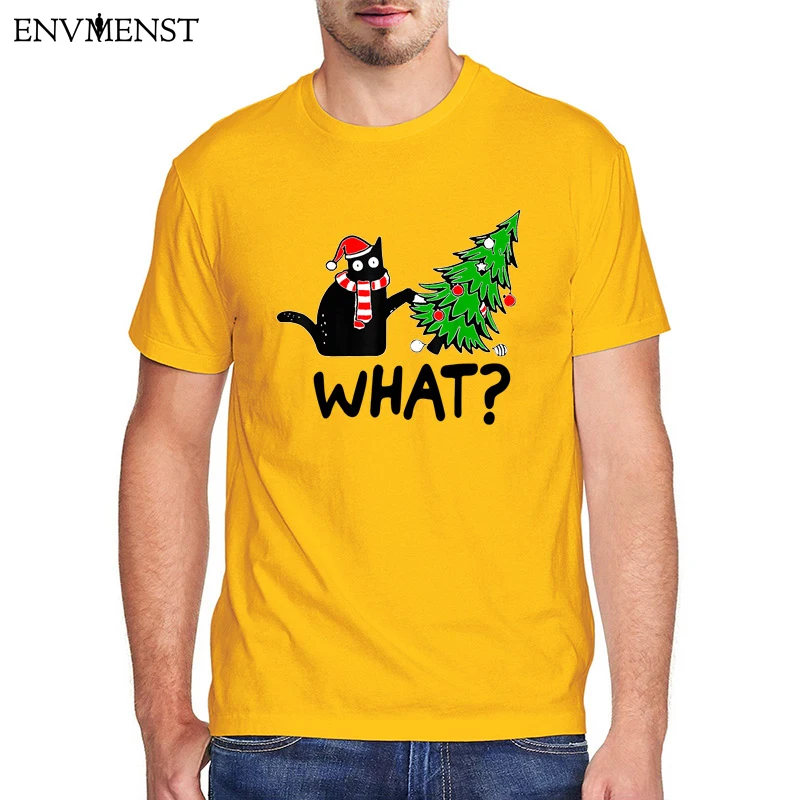 

Funny What Cat Graphic T Shirt Men's Clothing Black Cat Pushing Christmas Tree Men's Shirt Unisex 100% Cotton Short Sleeve Tees