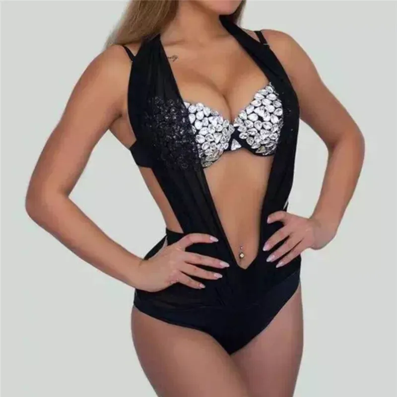 

Shiny Gems Mesh Sexy Tankini Bling Rhinestones Bra Push Up Tight Bathing Suits Two Piece Women Summer Swimwear Seaside Holiday