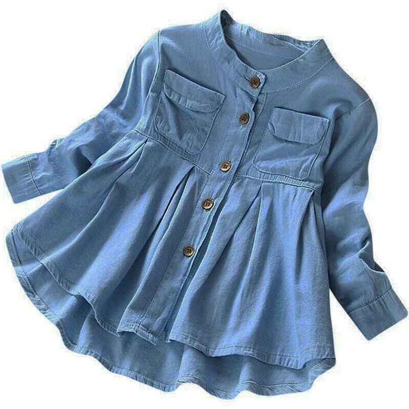 

Girls Clothing Dress Baby Girls Denim Ruched Long Sleeve T-Shirt Tops Blouse Clothing Solid O-Neck Girls Cute Denim Dress