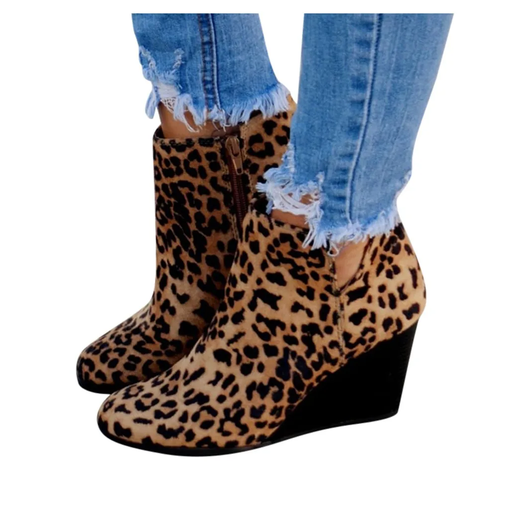 Женские ботильоны на танкетке с леопардовым принтом; высококачественные Ботинки Martin из флока; женская обувь; теплые зимние ботинки для женщин; Прямая поставка; большие размеры