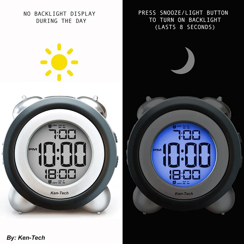 Digital Alarm Clock Time Date Display Twin Bell Very Loud for Heavy Sleepers Dual Alarm Blue Backlight for Teens 6