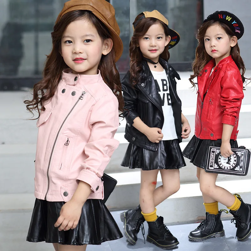 

Children's Fashion Cool Pu Jacket Girls Motorcycle Jacket Kids Spring Autumn Outwear Standing Collar Zipper Long Sleeve Casual