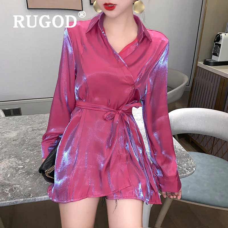 RUGOD, корейский стиль, стиль, шикарный поляризационный светильник, средняя длина, блузка, одноцветная рубашка с поясом, Kpop, модная одежда