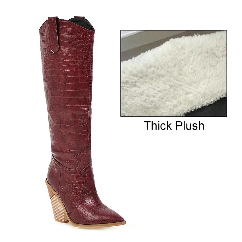 Wine Red Thick Plush Зимние женские сапоги до колена; цвет черный, белый, красный; женские ковбойские высокие ковбойские сапоги из искусственной крокодиловой кожи с острым носком на высоком квадратном каблуке - Color: Wine Red Thick Plush