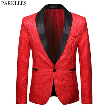 

Men's Paisley Jacquard Red Suit Jacket One Button Shawl Lapel Dress Blazer Men Party Wedding Groom Stage Costume Homme Tuxedo