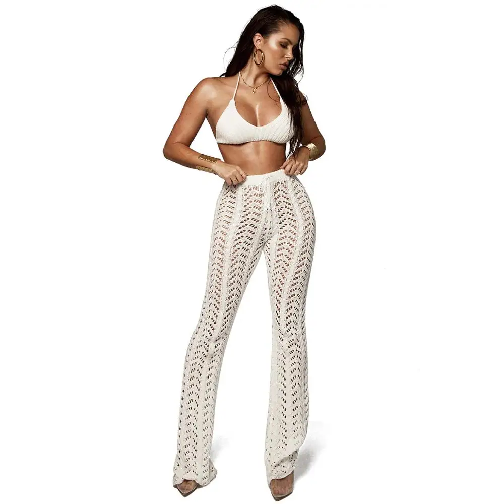 Beach Pants Women Crochet Boho Bohemian Summer Long Trousers White Black Pantalones Invierno Mujer Pantalon Taille Haute Spodnie