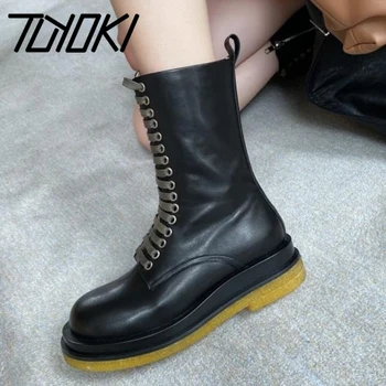 

Tuyoki Genuine Leather Women Boots Cross Strap Flats Winter Shoes Woman Zipper Fashion Office Lady Daily Footwear Size 34-40