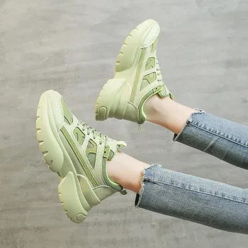 

2020 Women Chunky Sneakers Platform Woman Designers Fashion Casual Shoes Yellow Green Brand Female Lace Up Vulcanized Shoes 5cm