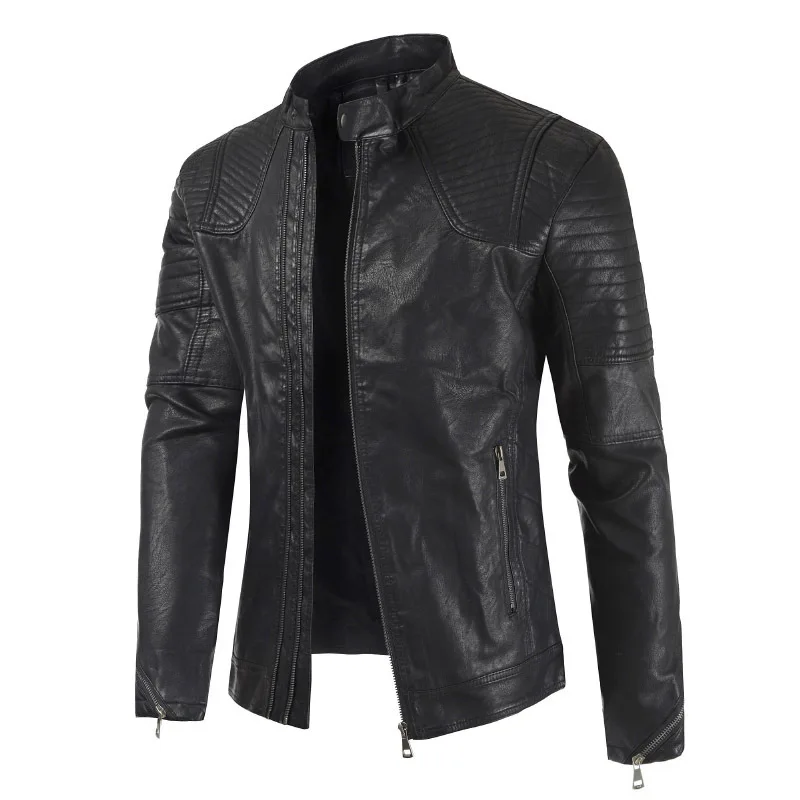Spring New Style MEN'S Leather Coat-Locomotive Leather Coat Stand Collar MEN'S Wear Large Size Men's Leather Wallet
