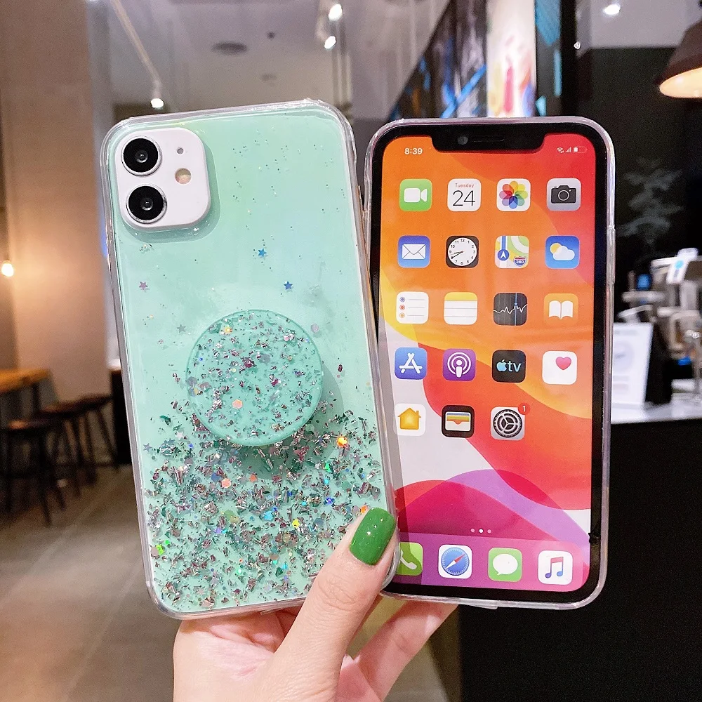 Stand Holder Glitter Case For Vivo X60 X50 X30 X9 X9S X27 Pro X20 V15 V17 V19 V20 SE V21 V21E V5 V7 V9 Plus Silicone Clear Cover