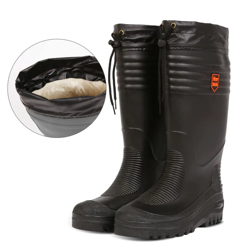 

Black High Fishing Boots Men Water Shoes Rain Boots with Fur Winter High Boot Cotton Padded Boots Waterproof