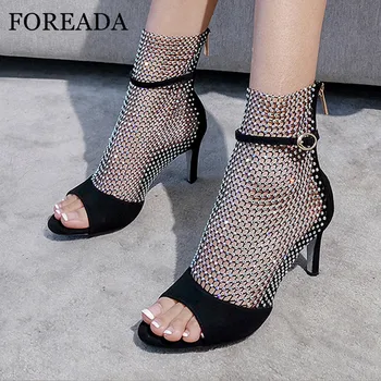 

FOREADA Woman Ankle Boots Cutouts Real Leather High Heels Buckle Peep Toe Thin Heel Boots Crystal Zipper Lady Shoes Black Summer