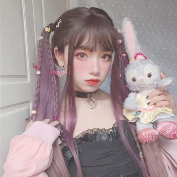 

MEIFAN Lolita Cosplay High Temperature Fiber Synthetic Long Straight Volume Wig Rose Purple Gradient Natural Cute Wig