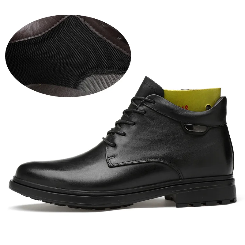 Зимние Для мужчин ботильоны натуральная телячья кожа, сделано вручную теплые Роскошные Высокое качество Резиновые Мужская зимняя обувь# YY6618 - Цвет: black