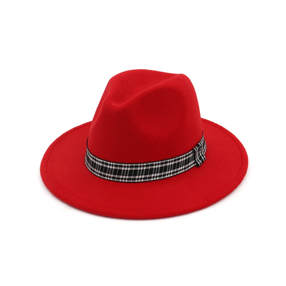 Red Для женщин Для мужчин шерстяная шляпа Fedora с полосатые атласные широкая шляпа Панама джазовая, шляпа - Цвет: Red
