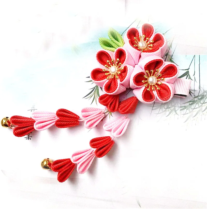 

Tsumami Kanzashi Japanese Style Pink Red Rose Tassels Sakura Flower Kimono Accessory Pure Handmade Hair Clip Pin Headdress HW041