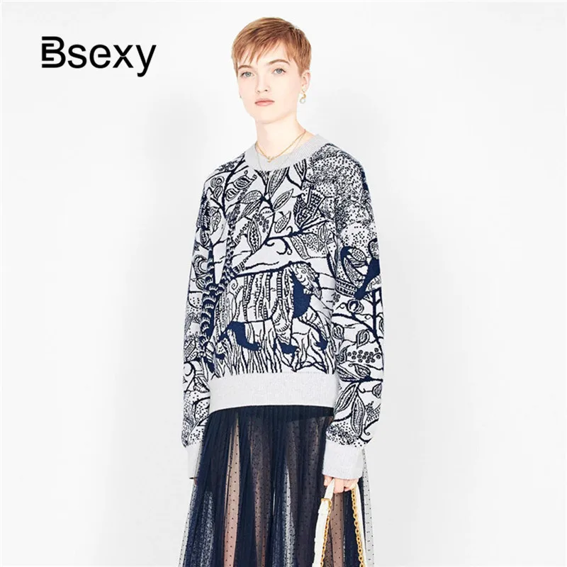 

Runway Designer Women Sweaters 2020 Autumn Winter Vintage Round Neck Navy Blue Animal Print Knitted Pullover Sweater