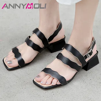 

ANNYMOLI Narrow Band Real Leather Mid Heel Shoes Women Sandals Buckle Block Heels Shoes Square Toe Fashion Sandals Ladies Summer