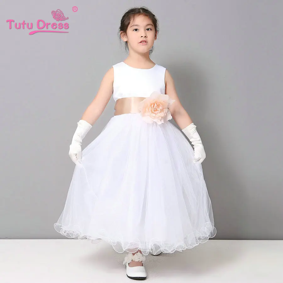 Летнее платье принцессы для девочек белое свадебное платье для подростков от 2 до 12 лет Новогодняя одежда для девочек без рукавов с цветочным бантом