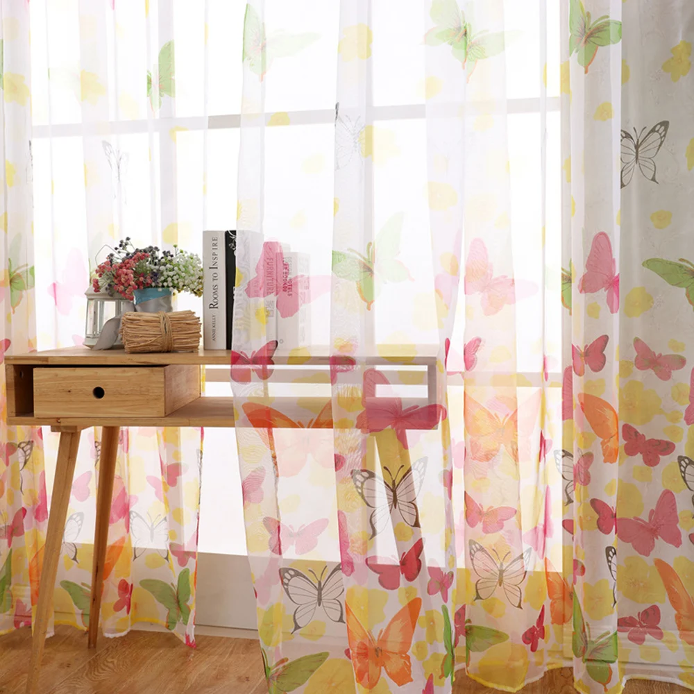 

Colorful Butterfly Printed Curtain Tulle Voile Door Window Balcony Sheer Panel Hot Screen Curtain Supplies D40