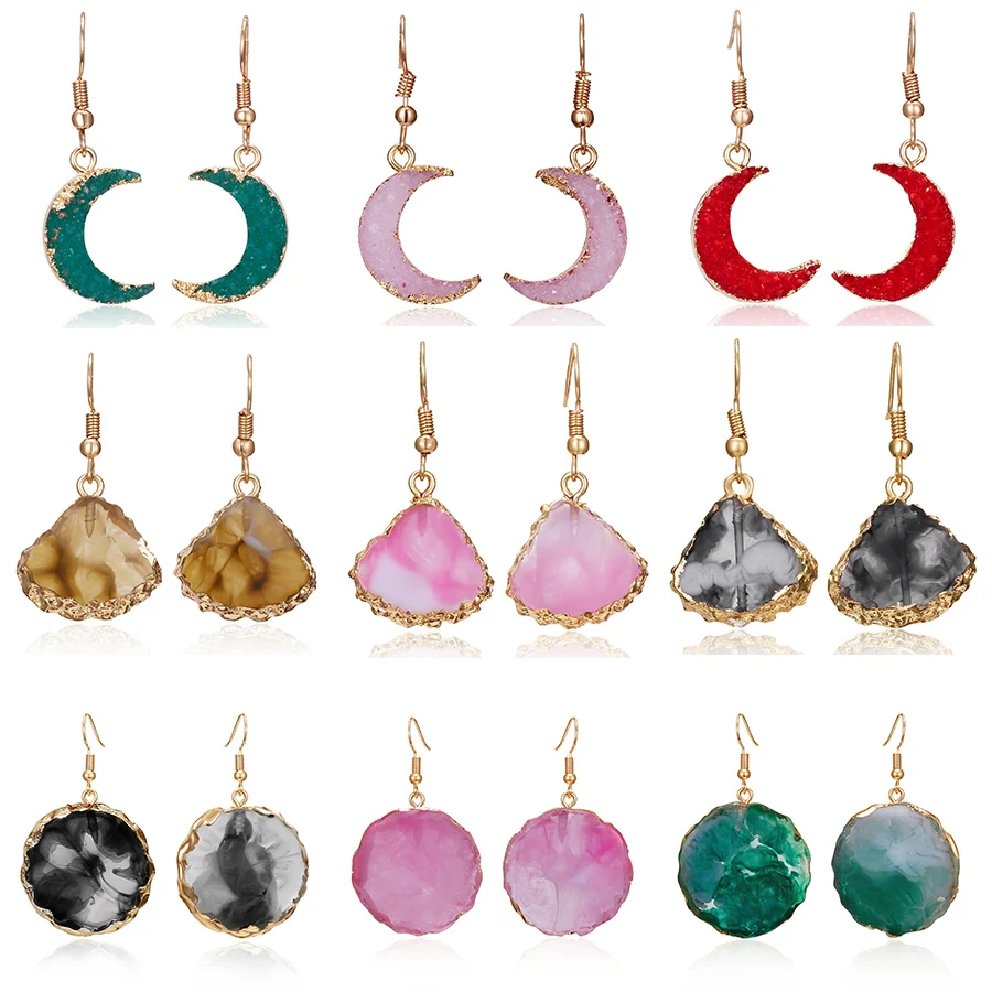 

Fashion Zinc Alloy Gold Dangle Earrings Geometric Circle Round Shape Imitation Resin Druzy Stone Earrings For Women Accessories