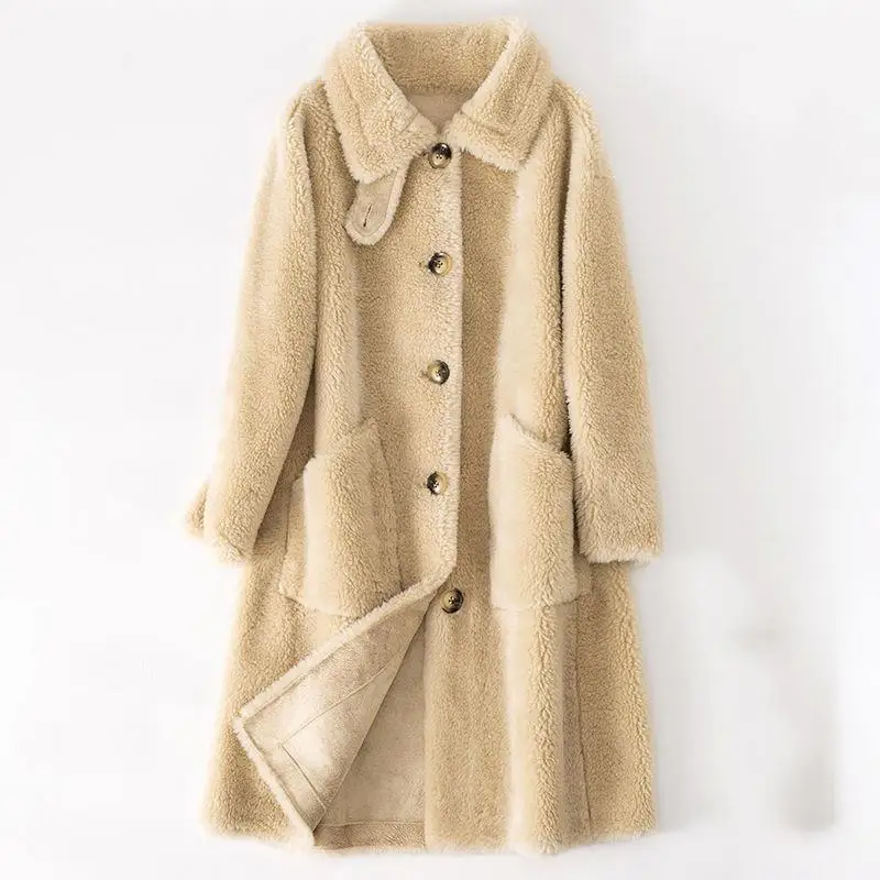 

Women 2019 New Winter Real Fur Coat Female Sheep Shearing Jacket Genuine Lambswool Long Overcoat Wool Particles Outerwear N41