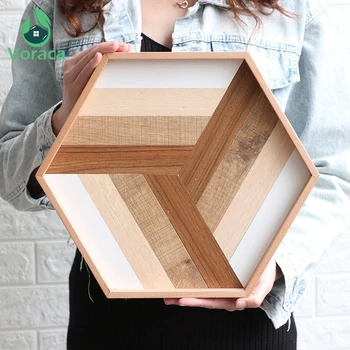 

Hexagonal Wooden Serving Tray Decorative Wood Plate Tea Dessert Bread Trays Food Server Dishes Home Props Decoration Photography
