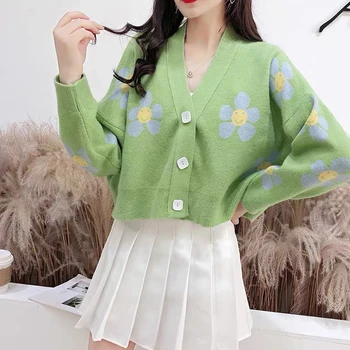 

Female Flower Knit Long-sleeve Cropped Sweater V Neck Loose Thicked Pullover Preppy Style Elegant Print Sweaters