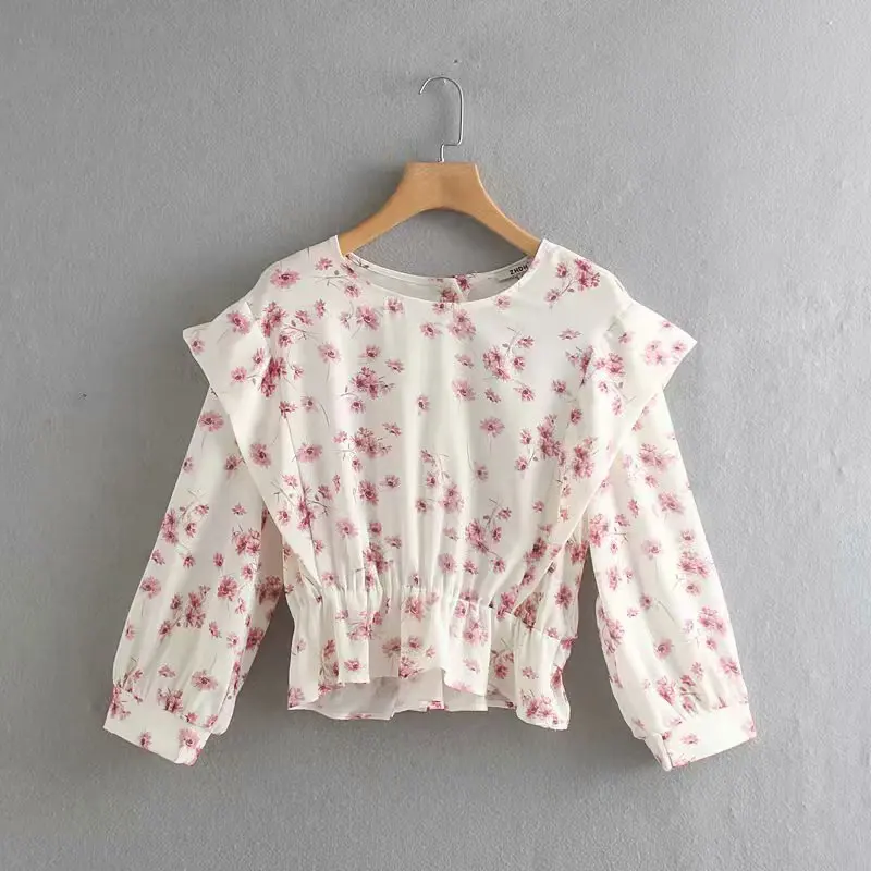 

new women elegant bow tied sahses floral print blouse chic shirts female back button hem ruffles chic chemise blusas tops LS4065