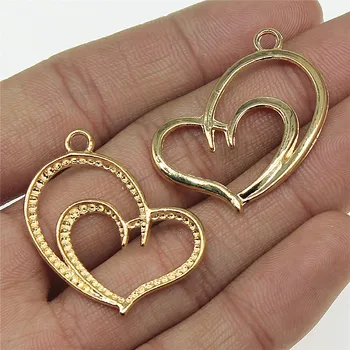 

WYSIWYG 5pcs 32x22mm KC Gold Color Heart In Heart Wedding Gifts Charms Pendant For Jewelry Making Jewelry Accessories