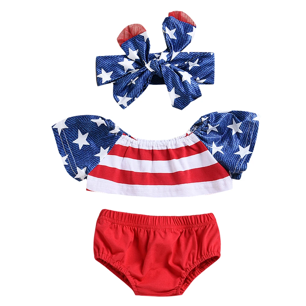 Укороченный топ с короткими рукавами и принтом звездного флага для маленьких девочек + шорты + повязка на голову для ребенка, летний