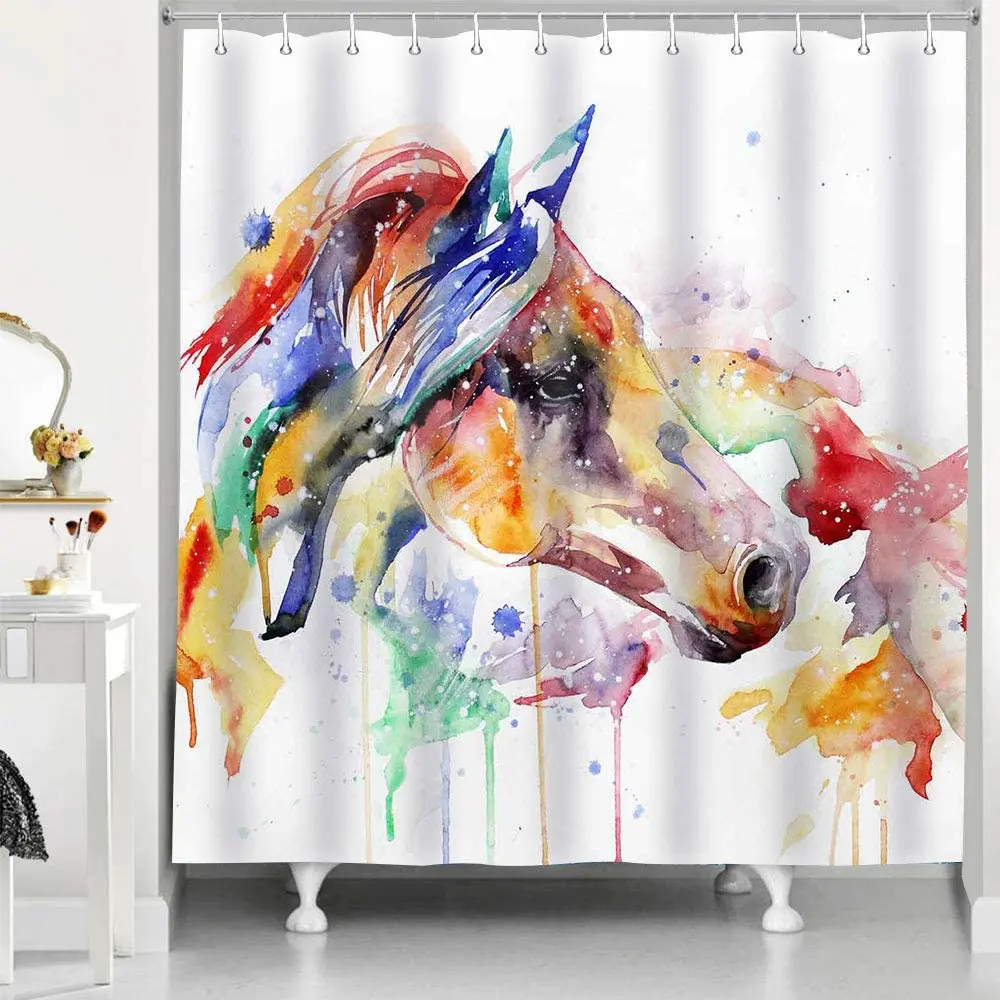 

Horse Shower Curtain Watercolor Graffiti Splash Ink Animal Painting Bath Curtains Waterproof Fabric with Hooks Bathroom Decor