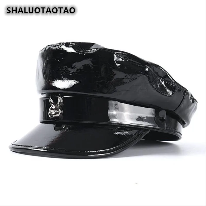 

SHALUOTAOTAO Trend Autumn Winter New PU Leather Military Hats For Women Fashion Personality Lady Brand Leisure Flat Cap Snapback