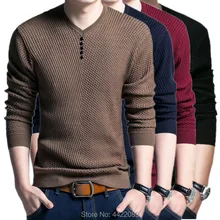 New Autumn Winter Men V-Neck Button Pullover Sweater Solid Slim Fit Long Sleeve Homme Sweater Mens Knitted Sweaters