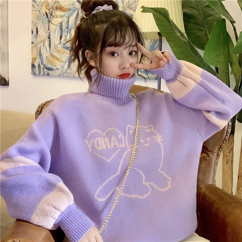 

Winter Korean Sweet Style kitten High Collar Sweater Female outside wearing Medium and long section Loose Student Knitten Tops