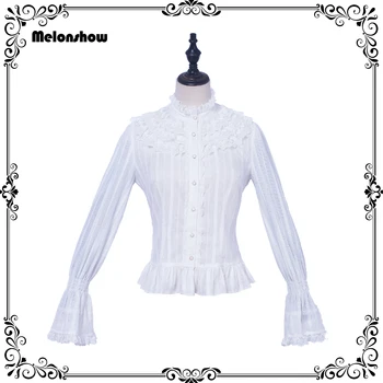 

Melonshow Blouse Women White Plus Size Ladies Blouses and Shirts Summer Woman Tops Cotton Jacquard Ruffle Shirt Button