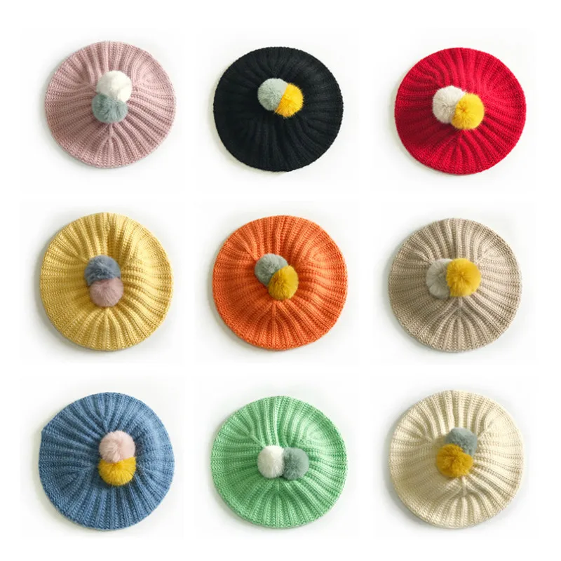 

Fashion Cute Baby Girls Knitted Hats Casual Autumn Winter Pompoms Colorful Berets Newborn Children Caps Knitwear Accessories
