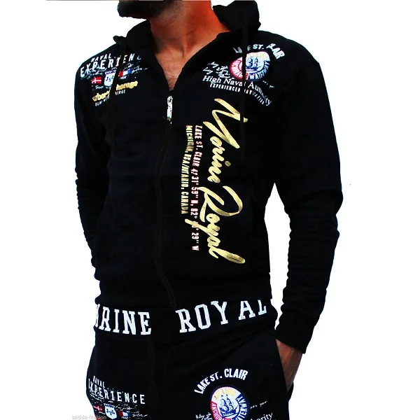 Brand new 8 color two-piece men casual sportswear hooded sweatshirt and pants suit letter printed sportswear plus sizes-3xl - Цвет: Черный