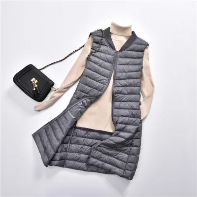 Women Duck Down Long Vest Ultra Light Portable Slim Waistcoat Female Stand Collar Sleeveless Down Jacket Gray