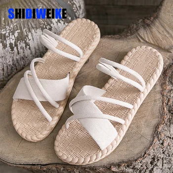 

2020 Summer Gladiator Sandals Shoes Beach Cross Sandals Woman Slip On Flats Casual Women Black Brown Shoes Plus Size 35-40 I180