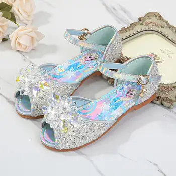

New Princess Kids Sandals for Girls Casual Glitter Children Flat Heel Girls Shoes Blue Pink Silver Elsa party Sandals