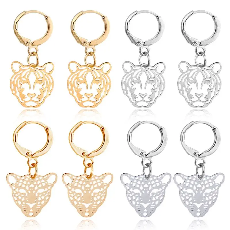 

4 Pairs Gold Silver Tiger Leopard Head Hoop Earrrings Set Wild Animals Jewelry