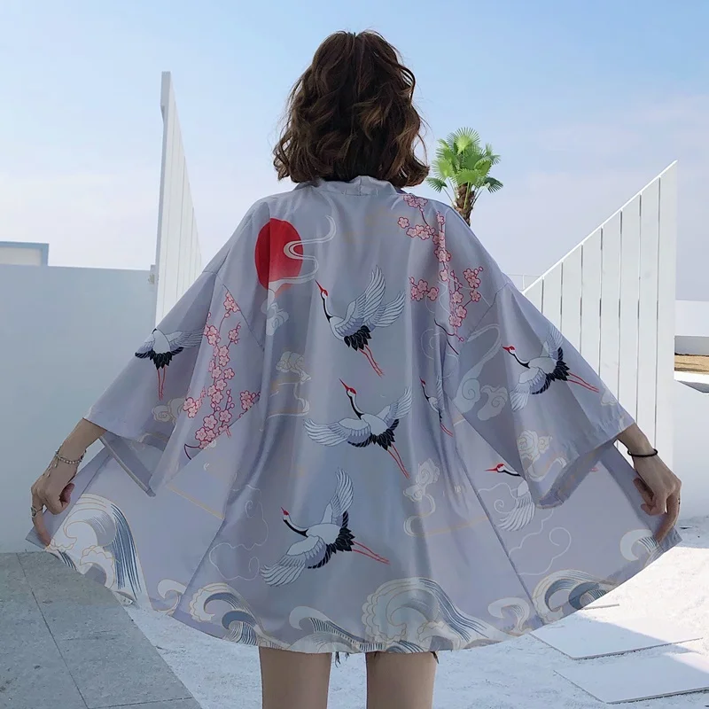 New Japanese Yukata Kimono Haori Female Red-Crowned Crane Traditional Japanese Kimonos Kimono Cardigan Haori Yukata FF2581