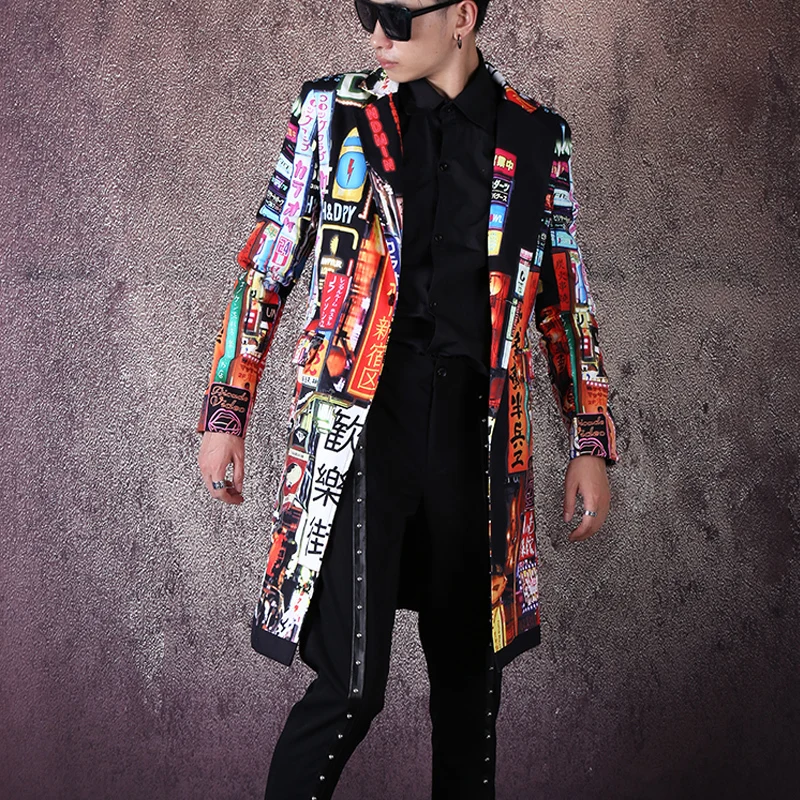 Модный облегающий пиджак с принтом в виде Длинный блейзер пиджак мужской танцор хип-хопа певицы DJ костюм пальто Верхняя одежда Для мужчин Винтаж