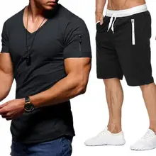 

80%HOT Tracksuit Solid Color V Neck Men Short Sleeve T-shirt Drawstring Shorts for Sports