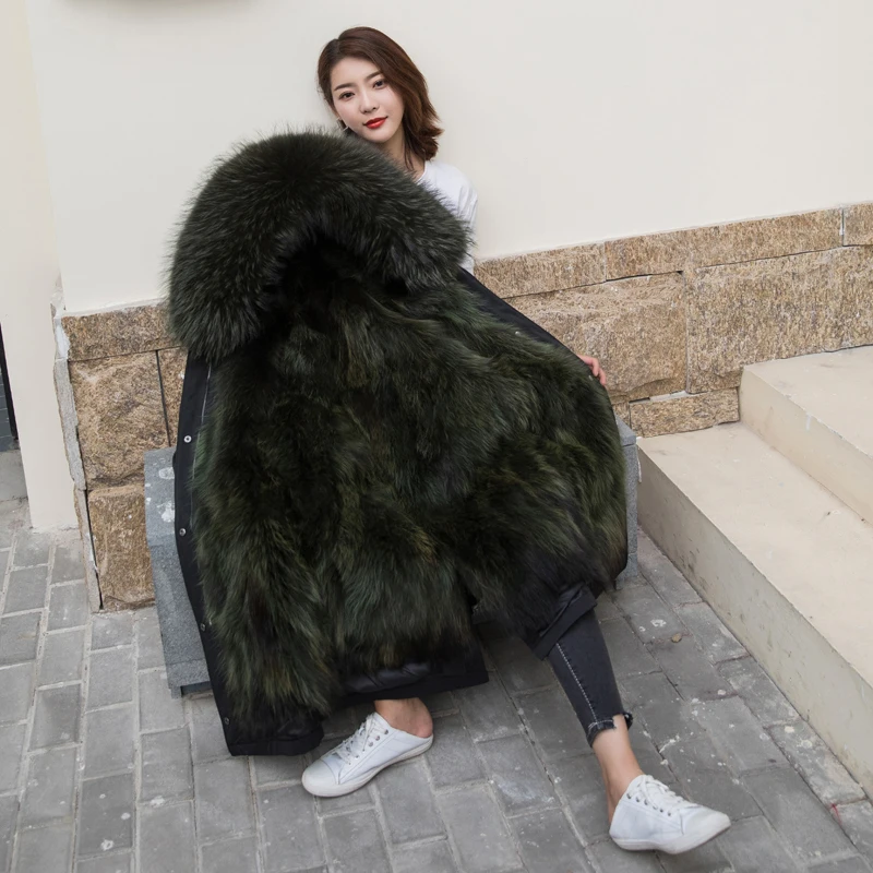 Новое зимнее пальто с мехом енота Женское пальто с мехом длинная парка большого размера пальто Меховая куртка Верхняя одежда JN901 - Цвет: long  army green
